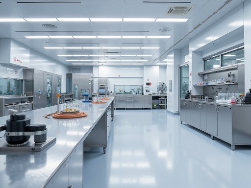 Quality control laboratory with measuring instruments, precision gauges, testing equipment, clean professional environment